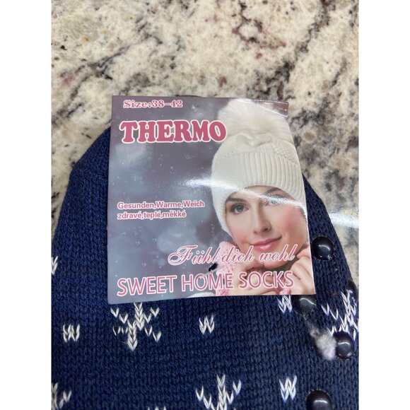 Thermo Sherpa Lined Slipper Sock Size 38-42 Navy Snowflake Non-Slip Fleece Cozy - Picture 4 of 5